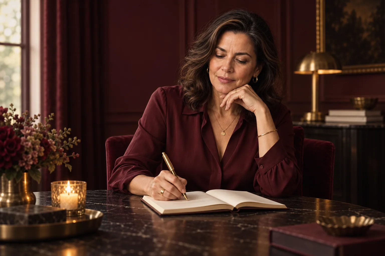 Mulher escrevendo em um caderno em uma composição editorial.